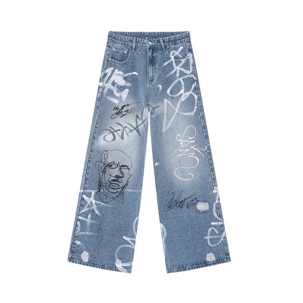 EF JEANS | 2024 New American Trend Street Graffiti Fun Straight Floor Mopping Wide Leg Pants Jeans_mkmklike.com