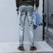 Trendy Light Blue Faux Ripped Jeans For Men Korean Style Slim Fit Stretchy Retro Skinny Trousers For Teenagers_mkmklike.com