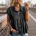 Women's Cap Sleeve Denim Blouse, Casual Loose Pleated Babydoll Shirt, Button Down Collared Peplum Top For Daily Streetwear Summer Everyday Wear, Soft_mkmklike.com