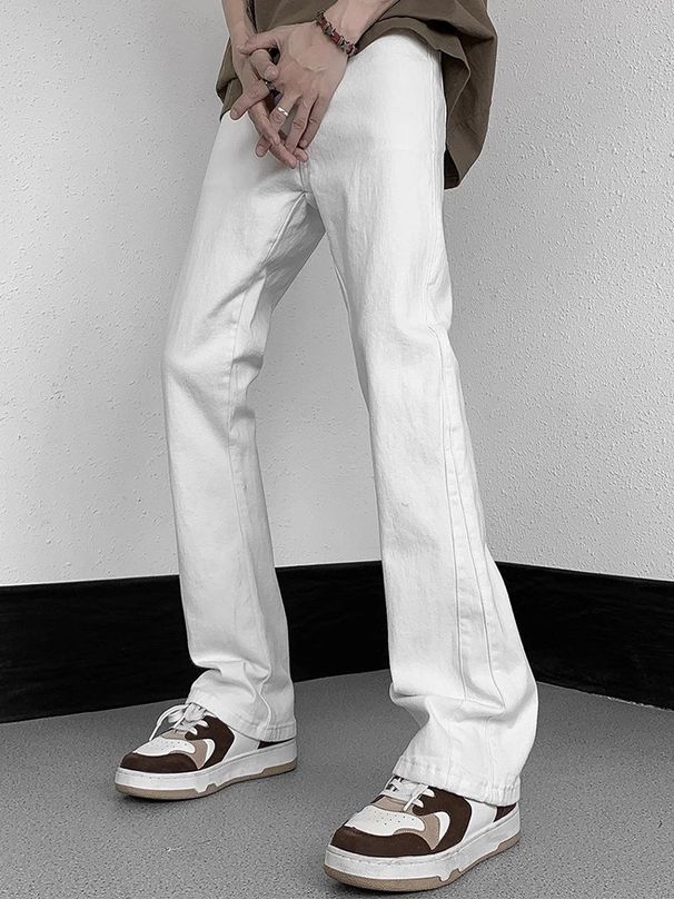 Men's White Flared Jeans – Trendy High-Street Fit, Slim Straight Leg Casual Denim Pants (S-XXXL)_mkmklike.com