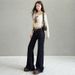Women's Dark Blue Colorfast Low Rise Flared Jeans Autumn/Winter Style Regular Fit English Fashion Solid Polyester Denim_mkmklike.com