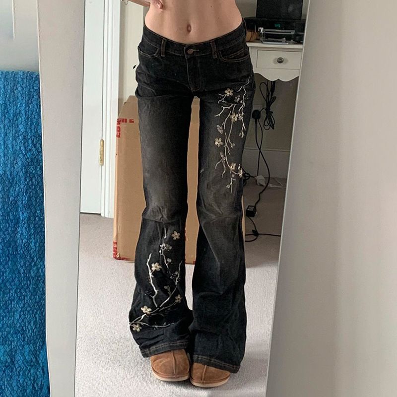 Women's Sexy Washed Black Denim Jeans Low Rise Flared Cowboy Style Floral Embroidery American Street Western Trend_mkmklike.com