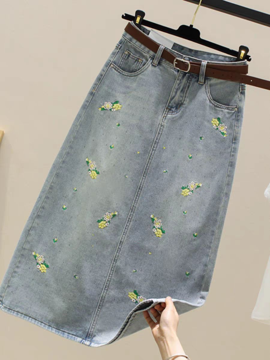 Embroidered Denim Midi Skirt With Rhinestones, High Waist A-Line Slimming Pencil Skirt With Side Slit, Elegant Casual Floral Design For Women_mkmklike.com