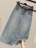 Embroidered Denim Midi Skirt With Rhinestones, High Waist A-Line Slimming Pencil Skirt With Side Slit, Elegant Casual Floral Design For Women_mkmklike.com