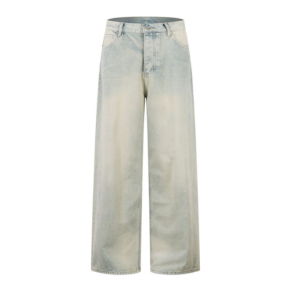 Yellow Mud-Dyed Denim Men's American Street Fashion Button Open Front Straight Loose Casual Pants Basic Dad Style_mkmklike.com