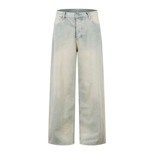 Yellow Mud-Dyed Denim Men's American Street Fashion Button Open Front Straight Loose Casual Pants Basic Dad Style_mkmklike.com