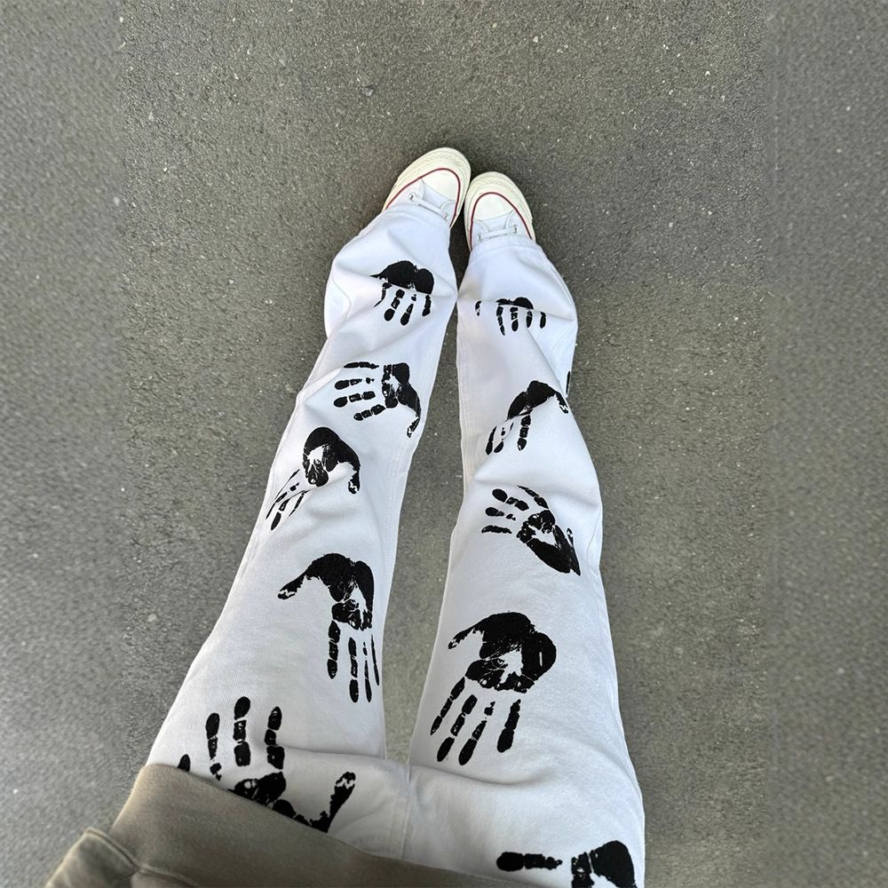 Men's High-Waisted Slim Fit Straight Leg Jeans Hand Print American High Street Style Trendy And Cool Slightly Flared_mkmklike.com