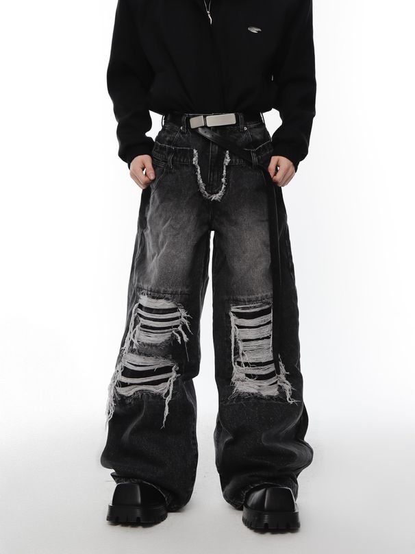 Men's Clothing Retro Niche Design Double Waistband Ripped Patch Jeans Straight Loose Trendy Mopping Trousers_mkmklike.com
