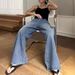 Women's Washed Blue Wide Leg Jeans Loose Straight Slimming Casual Pants European American Style_mkmklike.com