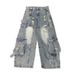 Post-Industrial Distressed Washed Workwear Jeans For Men With Design Sense, Heavy-Duty Split And Spliced Wide-Leg_mkmklike.com