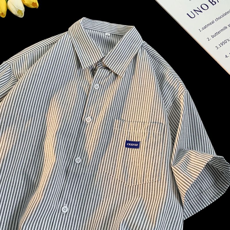 Striped Japanese-style Short-sleeve Shirt For Men, Summer Trendy Brand, Loose Casual Turn-down Collar Shirt, American_mkmklike.com