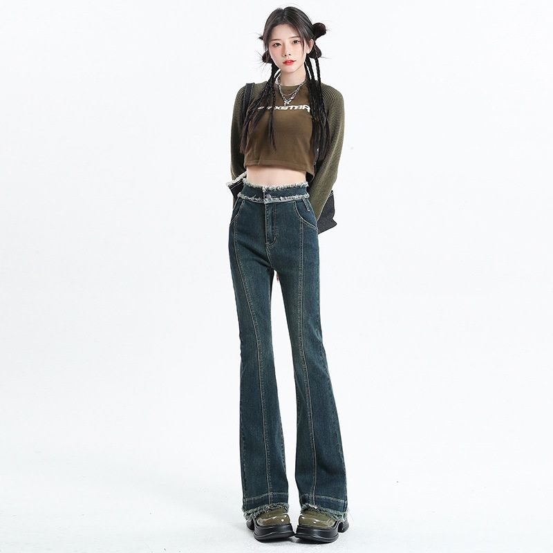 2024 Spring New High-Waisted Flared Jeans For Women, Double-Layered Frayed Hem Pants, Versatile Bell-Bottom Pants_mkmklike.com