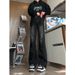 2025 Summer Black Gray Pleated Curved Knife Jeans Men's Style American Vibe Tall Straight Leg Slightly Flared Pants_mkmklike.com