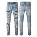 Men's Clothing Washed Cat Whisker Wrinkled Holes Splash Diamond Blue Elastic Slim Fit Skinny Jeans_mkmklike.com