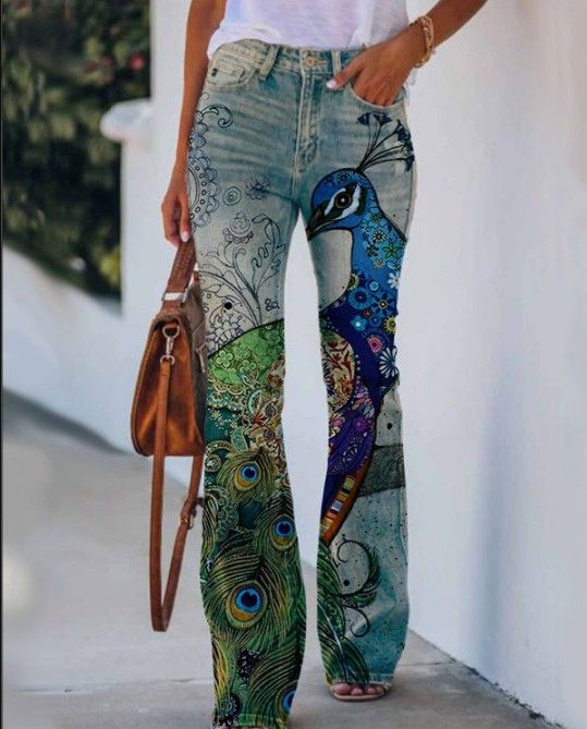 Women's Clothing Large Size Printed Denim Casual Thin Jeans_mkmklike.com