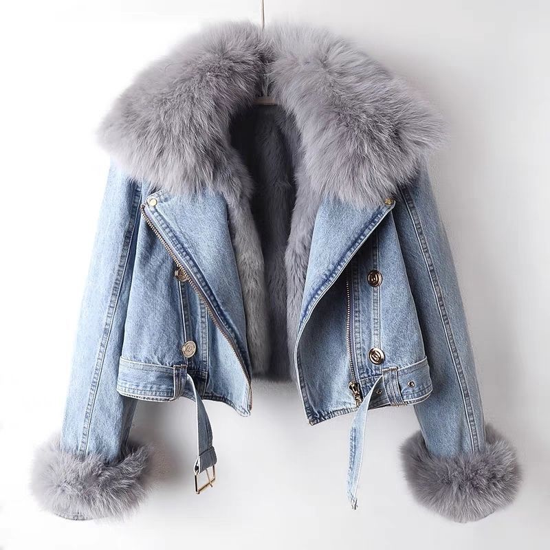 Women's Detachable Faux Fox Fur Lined Denim Jacket - Short Coat With Bunny Fur Collar, Slim Fit, Casual & Elegant Style_mkmklike.com