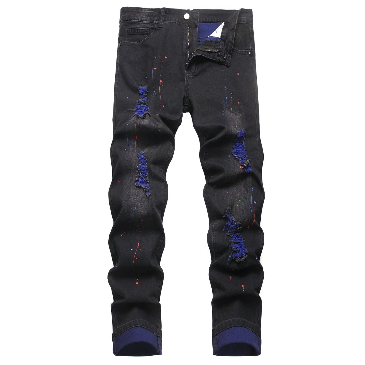 Men's Black Blue Ripped Denim Jeans mid Waist Wide Leg Pants Machine Washable Cotton Splatter Print North American Style_mkmklike.com