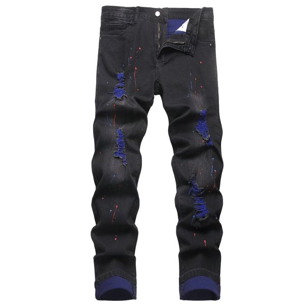 Men's Black Blue Ripped Denim Jeans mid Waist Wide Leg Pants Machine Washable Cotton Splatter Print North American Style_mkmklike.com