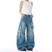 Women's Retro Multi Pocket Design Jeans Loose Fitting Floor Length Pants Curved Silhouette 2026 Summer New Style Direct Sales_mkmklike.com