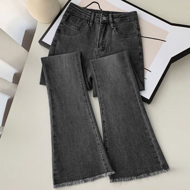 High Waist Stretch Flared Jeans For Women - Vintage Washed Denim With Raw Hem & Bootcut Design_mkmklike.com