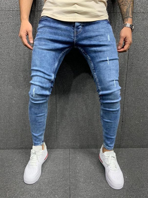 Men's Slim Fit Destroyed Jeans - Stretch Skinny Denim Pants With Ripped Details (Blue, S-XXXL)_mkmklike.com