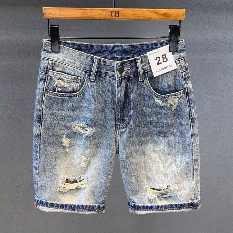 Men's Distressed Denim Shorts – Streetwear Style Low-Rise Blue Ripped Casual Cargo Shorts (Sizes 28-36)_mkmklike.com
