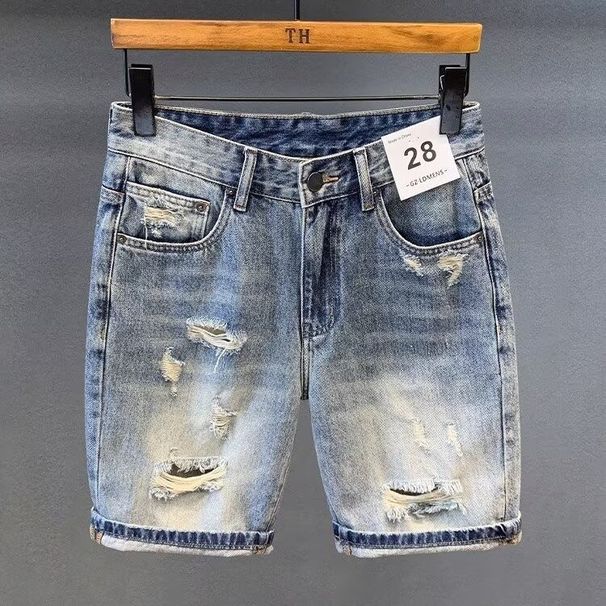 Men's Distressed Denim Shorts – Streetwear Style Low-Rise Blue Ripped Casual Cargo Shorts (Sizes 28-36)_mkmklike.com