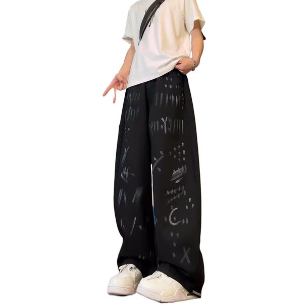 Graffiti Scimitar Jeans Men's Spring And Autumn American High Street Cleanfit Ruffian Handsome Design Sense Versatile Wide-leg Trousers_mkmklike.com