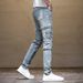 2023 Summer New Men's Light Blue Nostalgic Slim Fit Motorcycle Patchwork Frayed Hem Jeans Skinny Mid-Waist Pants_mkmklike.com