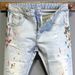 Men's Slim Fit Distressed Jeans With Paint Splatter & Ripped Details - Light Blue Washed Denim For Streetwear & Casual Style_mkmklike.com