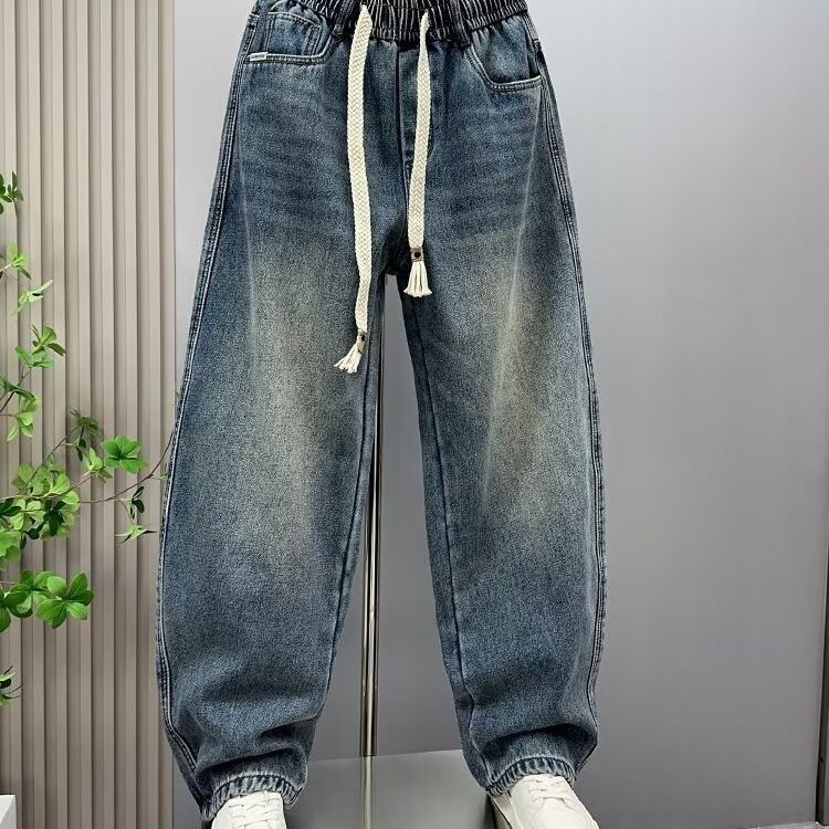 "Streetwear Straight-Leg Jeans For Tall Men – Distressed Denim, Rope Drawstring Waist, Baggy Cargo Pants With Hand-Painted Details_mkmklike.com