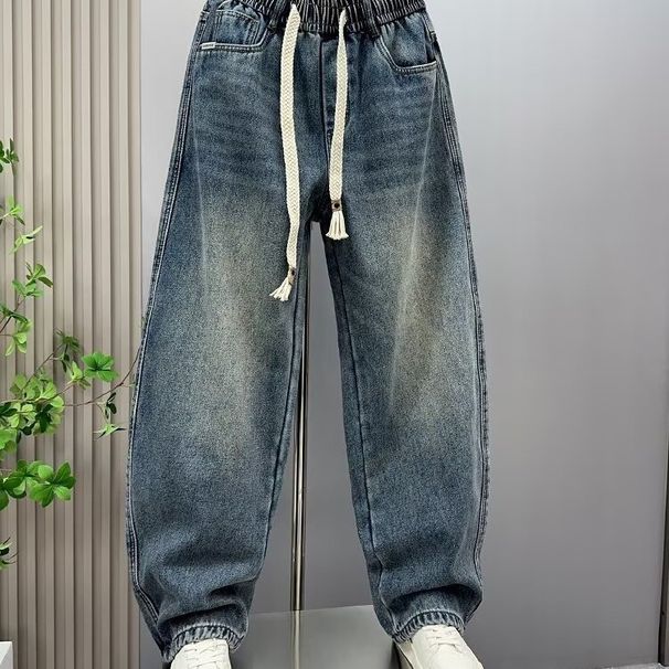 "Streetwear Straight-Leg Jeans For Tall Men – Distressed Denim, Rope Drawstring Waist, Baggy Cargo Pants With Hand-Painted Details_mkmklike.com
