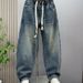 "Streetwear Straight-Leg Jeans For Tall Men – Distressed Denim, Rope Drawstring Waist, Baggy Cargo Pants With Hand-Painted Details_mkmklike.com
