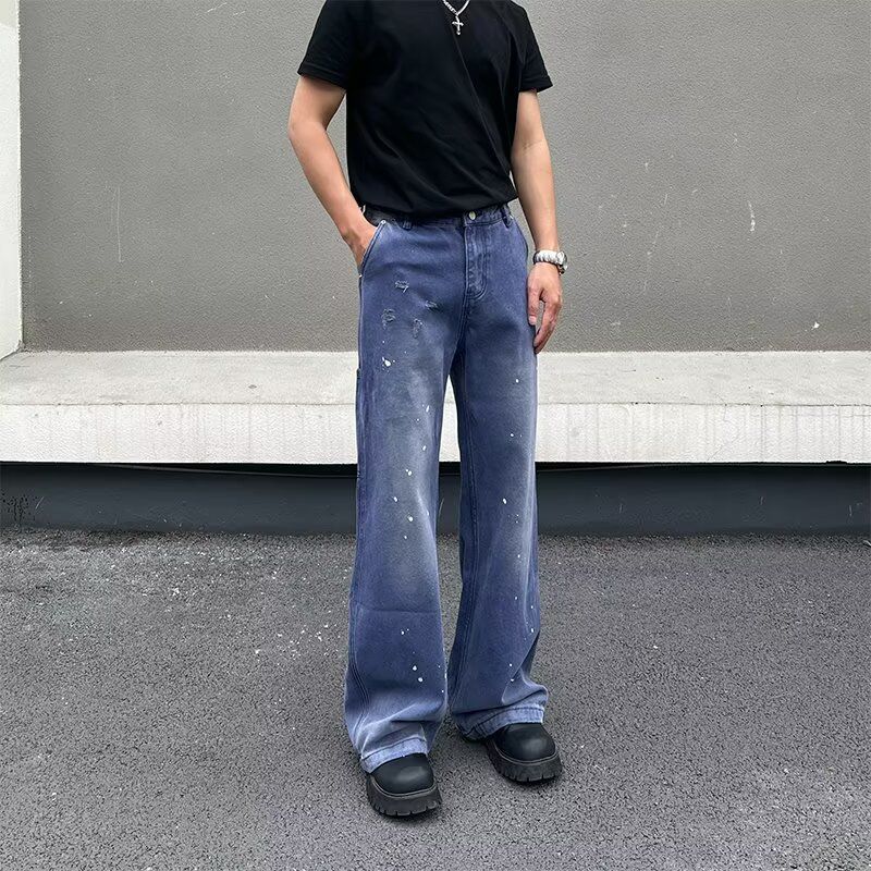 Vintage Washed Denim Jeans For Men – Distressed Paint Splatter Retro Straight Leg Pants (Blue, S-3XL, Relaxed Fit)_mkmklike.com