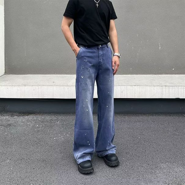 Vintage Washed Denim Jeans For Men – Distressed Paint Splatter Retro Straight Leg Pants (Blue, S-3XL, Relaxed Fit)_mkmklike.com