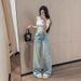 Floral Embroidered Flare Jeans For Women – High-Waisted Wide Leg Pants With Rhinestones, Winter Fleece Lined, Stretch Denim (S-2xl, Light Blue)_mkmklike.com