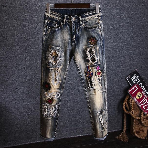 Trendy Brand Embroidered Jeans Men's Slim-fitting Straight Elastic Retro Embroidered Hole Patch Personalized Spring And Summer Trendy Men's Pants_mkmklike.com