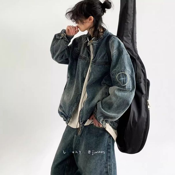 2024 Spring And Autumn Japanese Retro Embroidered Washed Denim Jacket Boys And Girls BF Wind Loose Blue Tooling Top_mkmklike.com