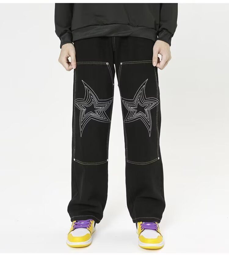 Retro High Waist Loose Wide Leg Straight Jeans Men's Autumn Winter High Street Fashion Brand Street Style Trousers Floor Length_mkmklike.com