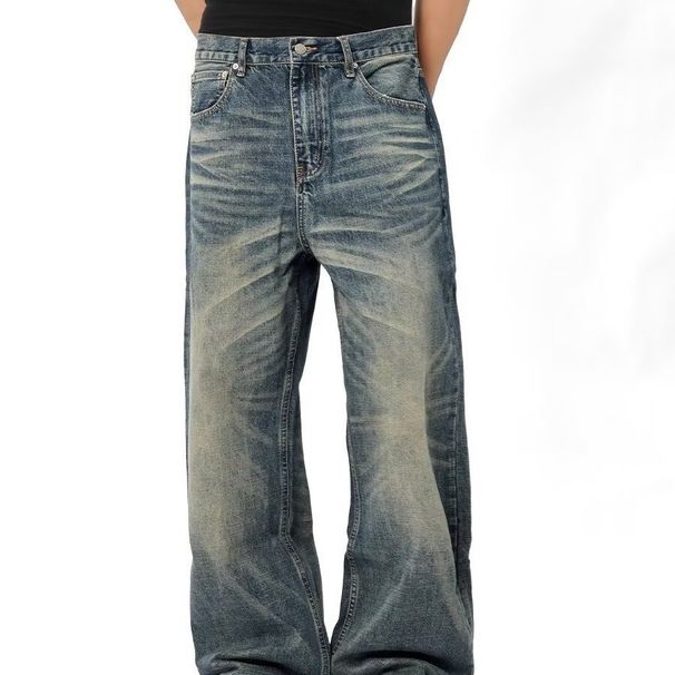 Men's Distressed Vintage Blue Jeans – American Retro Washed Denim, Relaxed Straight-Leg Fit, Unisex Casual Pants (S-3XL, Mid-Rise, Cotton Blend)_mkmklike.com