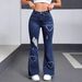 Women's Light And Dark Blue Denim Jeans, Versatile Flared Cut, Fashionable And Casual Heart Shape, Ripped Flared Jeans, Stretchy._mkmklike.com