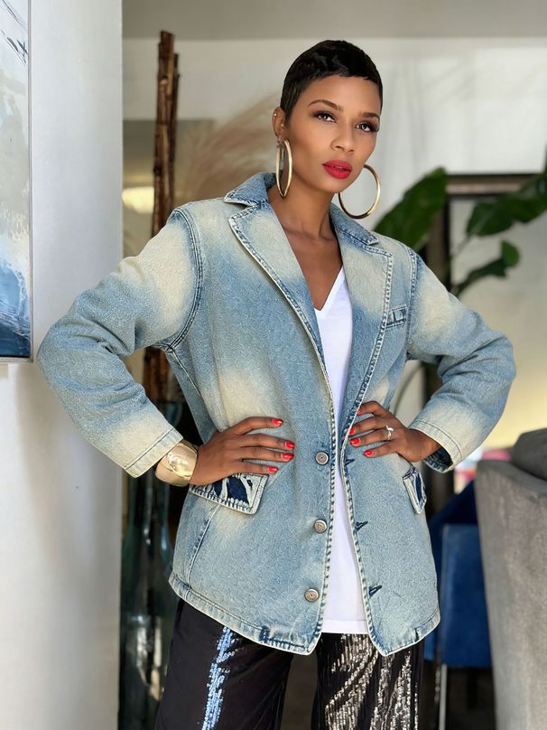 Women's Retro Distressed Washed Denim Jacket Light Blue Solid Workwear Style Patchwork Details Spring/Autumn_mkmklike.com