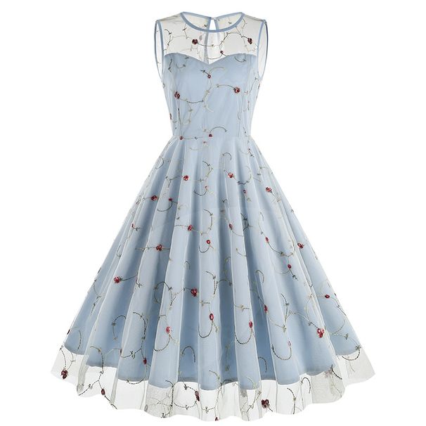 Women's Clothing new round neck sleeveless retro mesh embroidery 50S retro dress _mkmklike.com