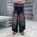 Men's Clothing Style Trendy Loose Fitting Straight Leg Black Jeans Scissor Graffiti Design Unisex Cutaway Midweight Cotton_mkmklike.com