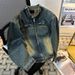 Small Niche Deconstructive Design With Shoulder Pads Denim Jacket For Men, Vintage Washed Short Jacket_mkmklike.com