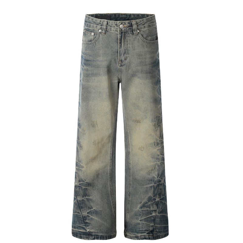 Men's Clothing Subculture Distressed Washed Pleated Washed Jeans Straight Leg Personality Trendy Casual Trousers_mkmklike.com