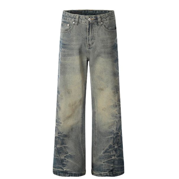Men's Clothing Subculture Distressed Washed Pleated Washed Jeans Straight Leg Personality Trendy Casual Trousers_mkmklike.com
