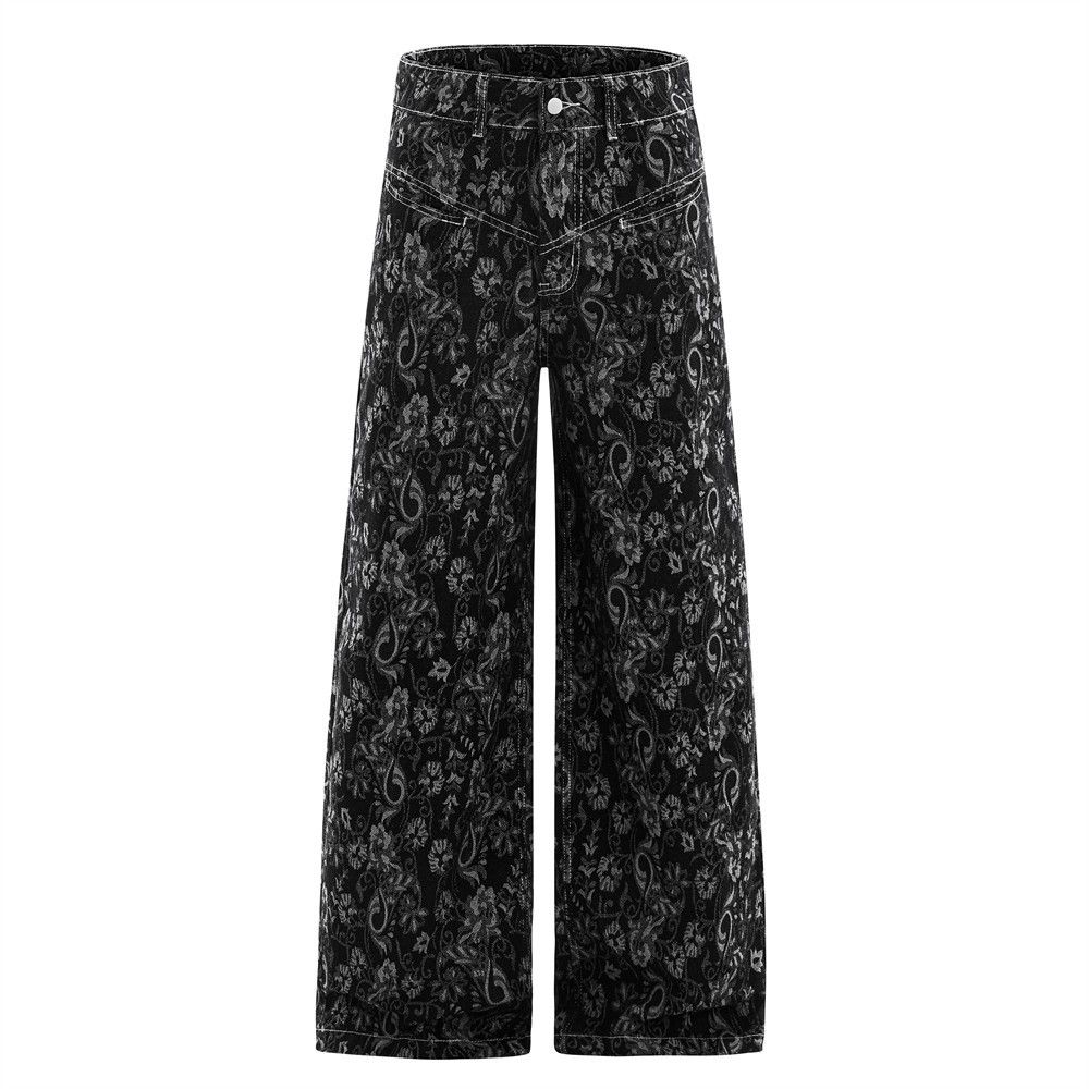 Cahew Flower Full Print Jacquard Denim Men' American High Street Trend Niche Wide Leg Looe Straight Floor-Length_mkmklike.com