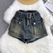 Women's Retro High Waist Denim Shorts - Distressed Wide Leg Workwear Style, Vintage American Fit_mkmklike.com