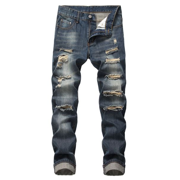 Men's Wear Straight Slim Non Stretch Jeans With Holes And Many Tattered Men's Trousers_mkmklike.com